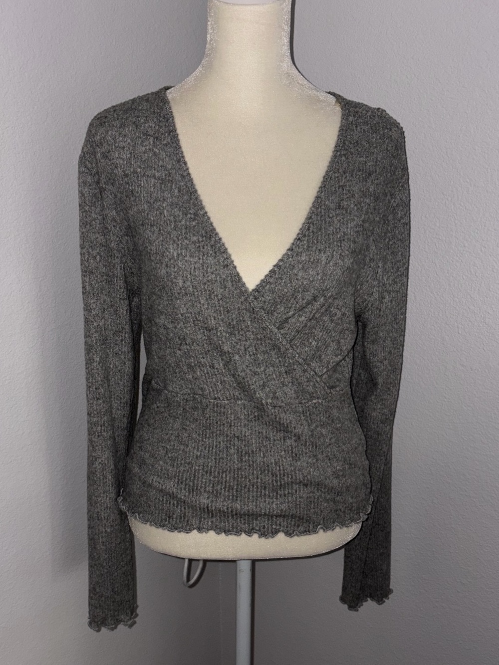 Fashion Nova Gray‎ Wrap V-Neck Knit Sweater